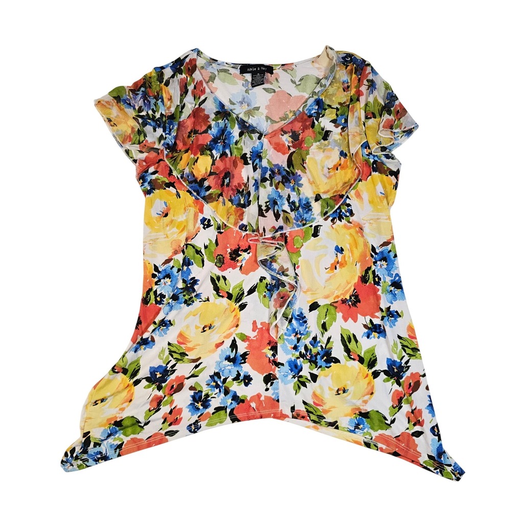 Adele & May Floral Ruffle V-Neck Sharkbite Hem Top Multi Color Short Sleeve M